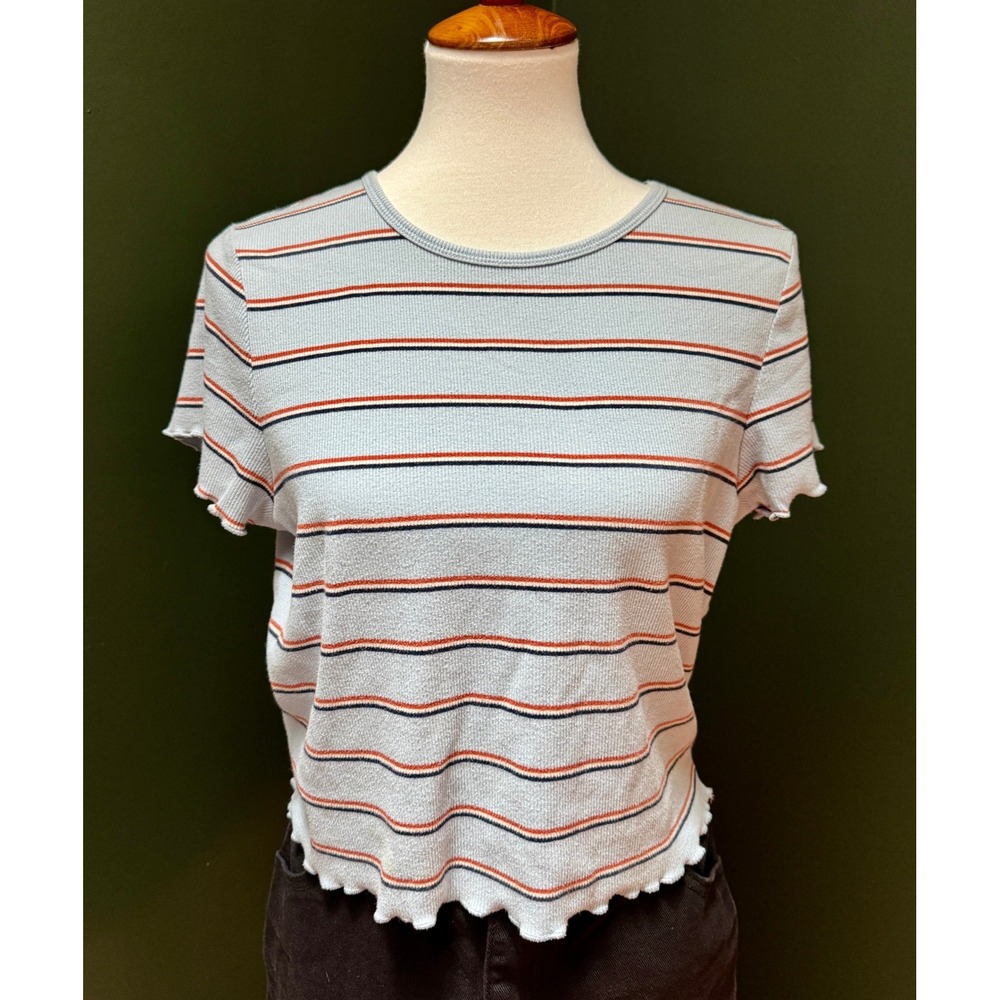 American Eagle Light Blue Striped Ruffle Hem Short Sleeve Cropped Tee Women's XL